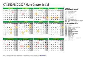 Calendário 2027 Mato Grosso do Sul